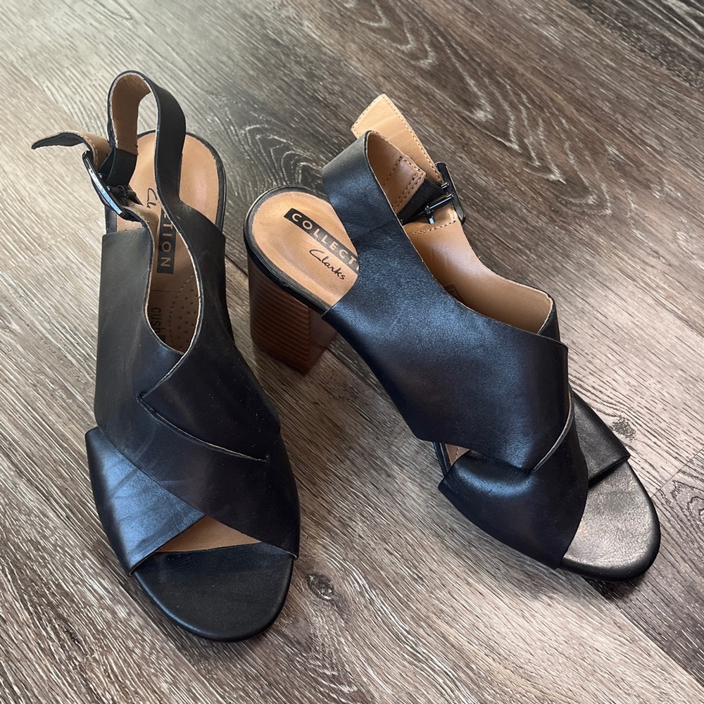 Clarks Black Leather Open-Toe Heels